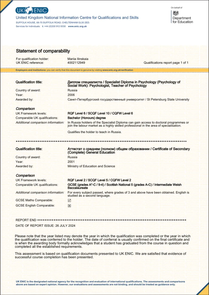 UK ENIC Statement of Comparability