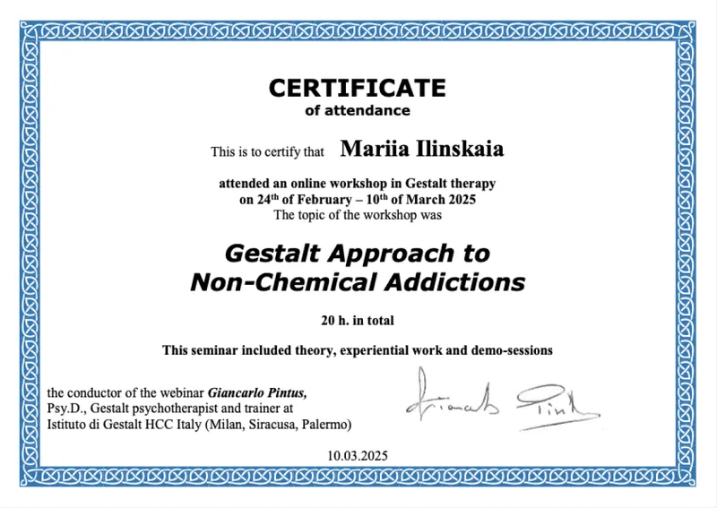 CPD Certificate: Gestalt Approach to Non-Chemical Addictions