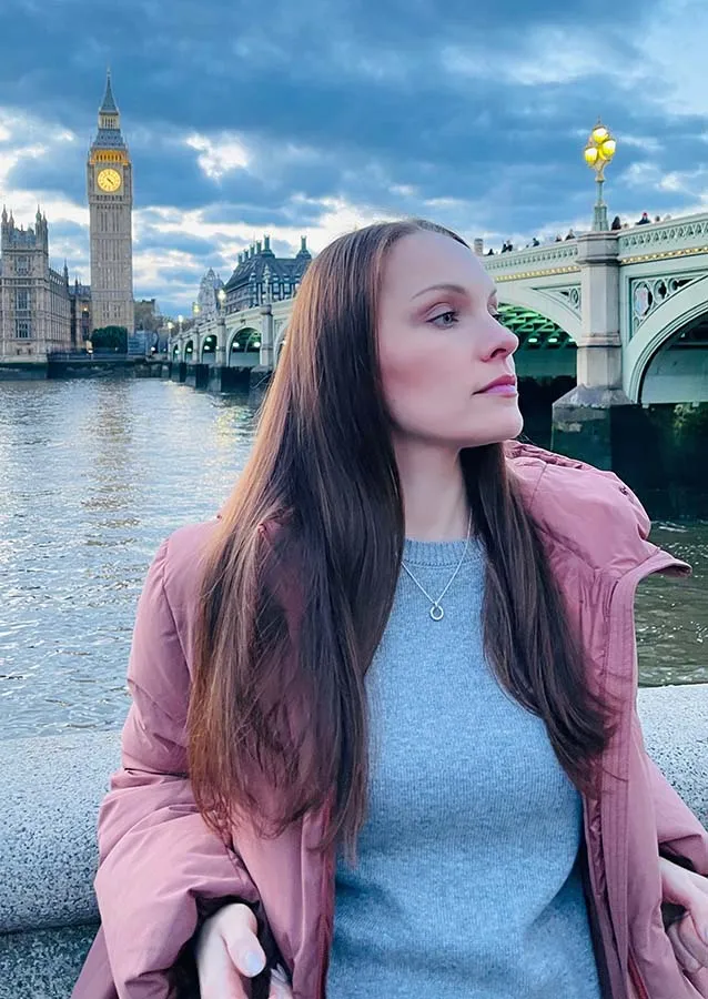 Maria Ilinsky near Big Ben and Westminster Bridge